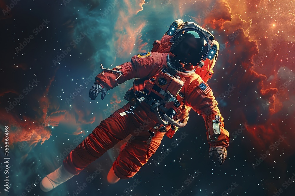 This detailed artistic rendering captures an astronaut clad in a bold red space suit, floating gracefully against the backdrop of space, perfectly embodying the essence of weightlessness and the seren This detailed artistic rendering captures an astronaut clad in a bold red space suit, floating gracefully against the backdrop of space, perfectly embodying the essence of weightlessness and the seren