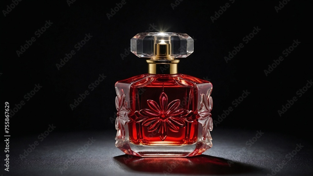 Behold a stunning red perfume bottle, standing alone against a black background, captured with the artistry of Generative AI. Behold a stunning red perfume bottle, standing alone against a black background, captured with the artistry of Generative AI.