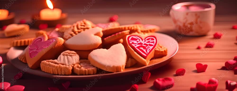 a plate filled with heart shaped cookies on top of a table next to other heart shaped cookies on top of a table next to other heart shaped cookies on a plate. 4K Video a plate filled with heart shaped cookies on top of a table next to other heart shaped cookies on top of a table next to other heart shaped cookies on a plate. 4K Video