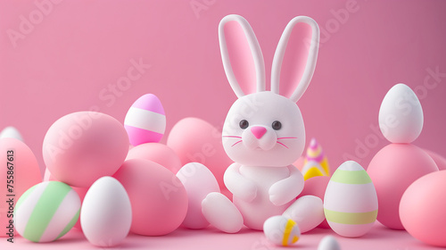 3D cartoon character happy easter bunny around the colorful, different patterned eggs in a solid isolated background. Holiday concept