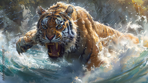 Roaring tiger crossing the stream. generative ai 