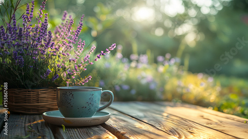 A tranquil morning scene with a cup of coffee and fresh lavender on a rustic table amidst garden greenery.