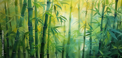 A dense bamboo forest  with stalks painted in varying shades of green and yellow  creating a peaceful  monochromatic scene
