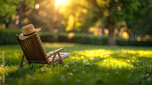 A wooden chair sits invitingly in a lush backyard garden, bathed in the warm glow of sunset. photo