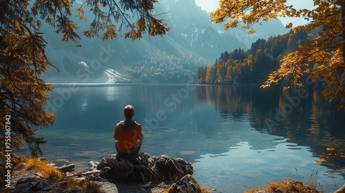 A person in a red jacket meditates on a rock by a calm, reflective mountain lake surrounded by autumn foliage.