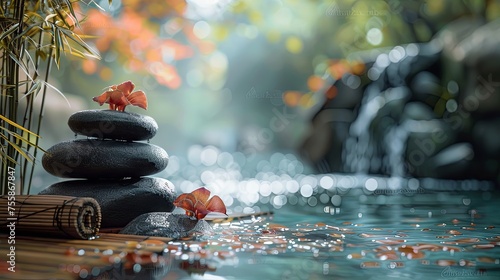 Stacked Zen stones in a peaceful water garden  adorned with autumn leaves  evoke a sense of tranquility and balance.