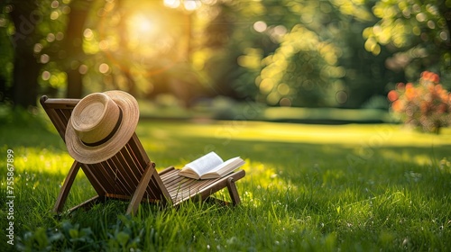 A wooden chair sits invitingly in a lush backyard garden, bathed in the warm glow of sunset.