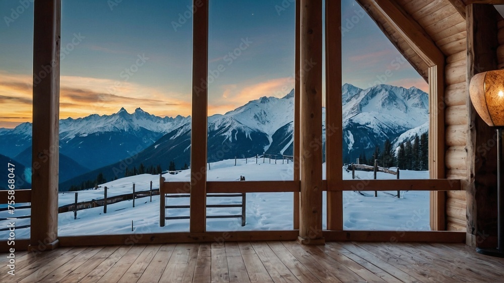 A picture of mountain chalet amidst snow-covered peaks. Generative AI
