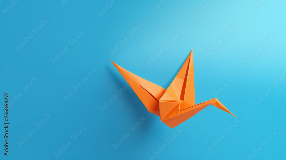 orange origami bird flying on a blue background сreated with Generative Ai orange origami bird flying on a blue background сreated with Generative Ai