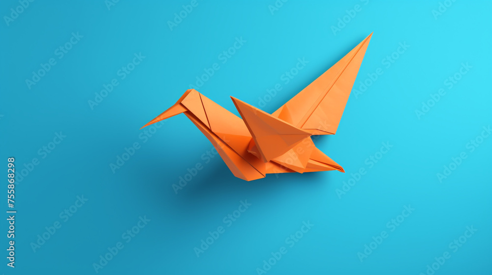 orange origami bird flying on a blue background сreated with Generative Ai orange origami bird flying on a blue background сreated with Generative Ai