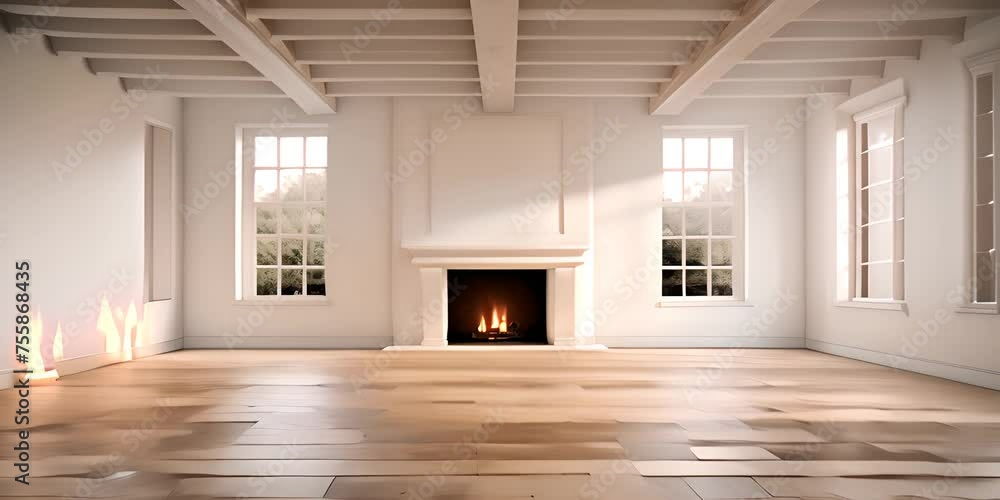 White room with wooden flooring and ceiling beams. fire place on right. wide format. 4K Video
