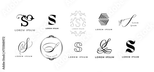 Creative S emblem. Letter s monogram for smart branding icon with slogan template. Business name initial vector icon set