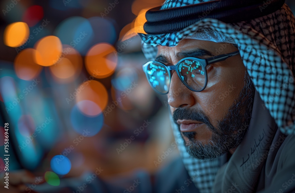 A man with glasses and a keffiyeh looks at a computer screen A man with glasses and a keffiyeh looks at a computer screen