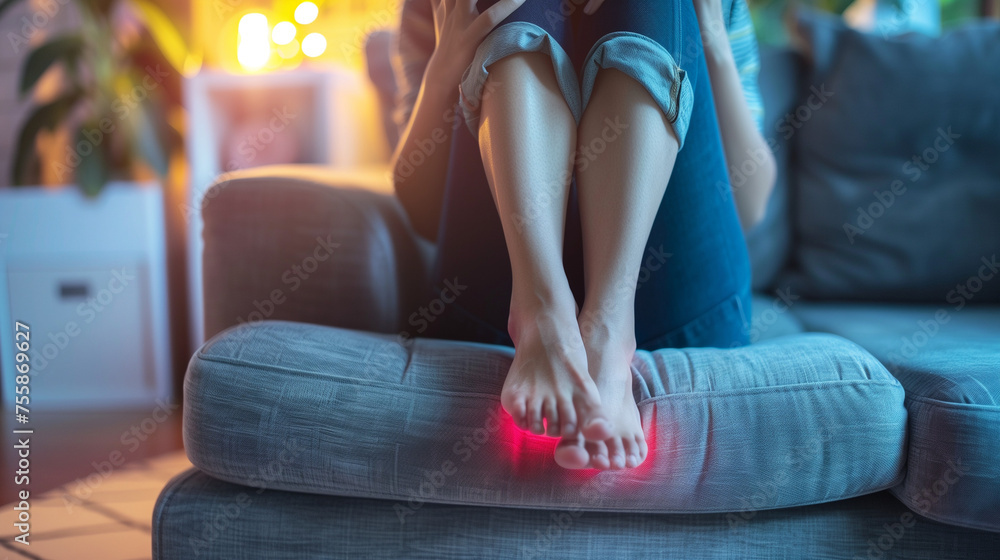 Health care foot pain, suffering asian young woman hand rubbing