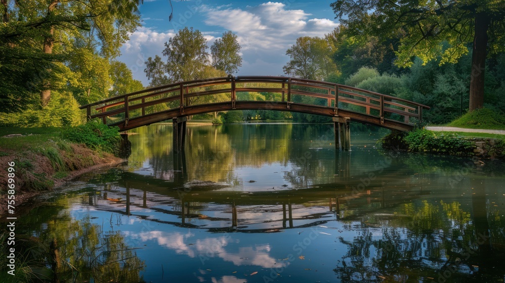 Empty bridge spans across a tranquil lake, a picturesque scene of stillness and solitude. 