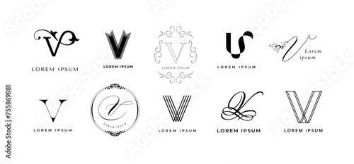 Creative V emblem. Letter v monogram vintage and modern branding template. Business name initial vector icon set photo