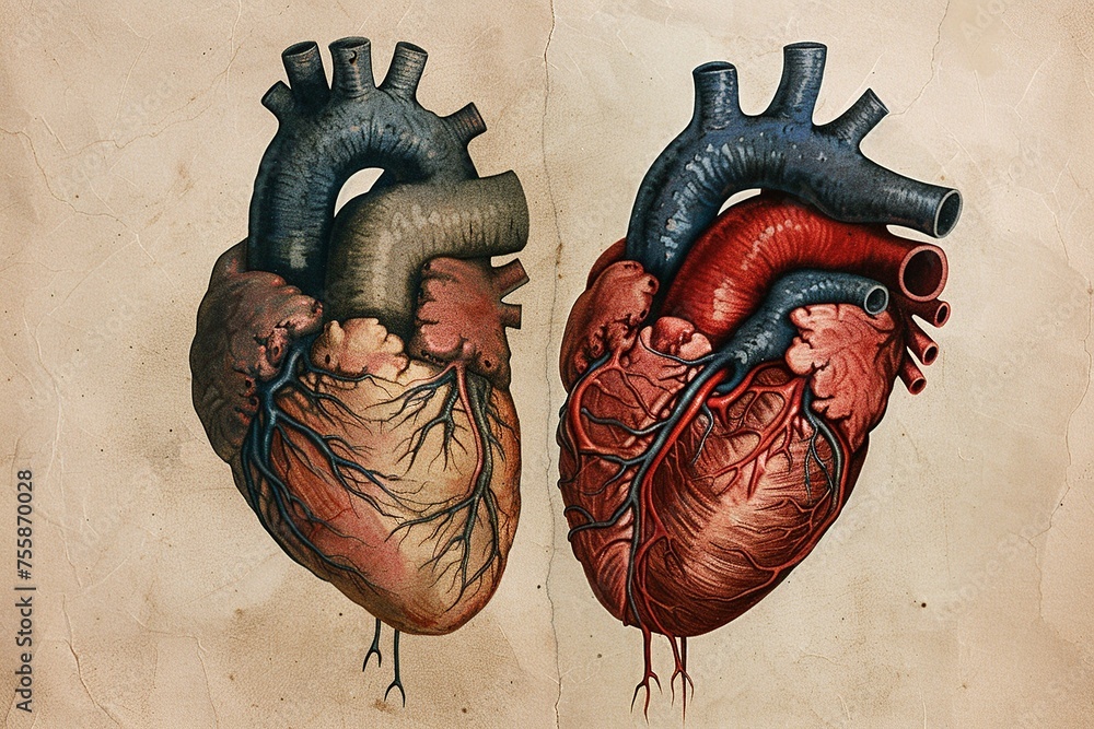 This comparative illustration vividly contrasts a healthy heart with one affected by cardiovascular disease, showcasing conditions like blocked arteries and damaged valves - obrazy, fototapety, plakaty 