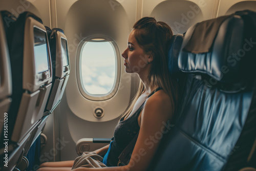 Young woman sitting in an airplane seat.