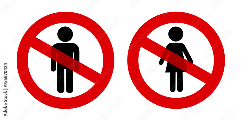 Exclusion based on gender and sex. Male, man or woman and female being eliminated, discriminated and unwanted. Interdiction, ban and prohibition sign and symbol. Vector illustartion isolated on white. Exclusion based on gender and sex. Male, man or woman and female being eliminated, discriminated and unwanted. Interdiction, ban and prohibition sign and symbol. Vector illustartion isolated on white.