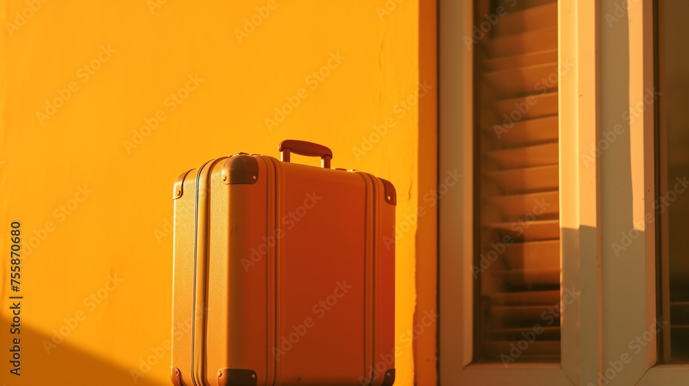 yellow suitcase against a yellow wall at sunset сreated with Generative Ai yellow suitcase against a yellow wall at sunset сreated with Generative Ai