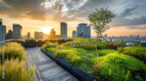 This blurred image captures the essence of a sunset over a city skyline, viewed from a lush rooftop garden with a serene ambiance. Resplendent.