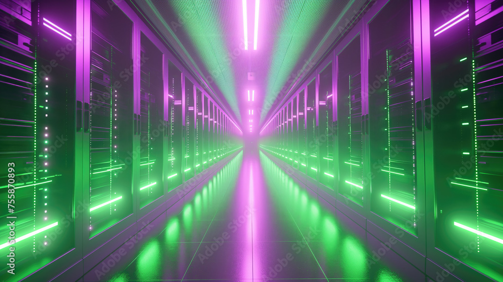 Corridor in a working data center full of rack servers.