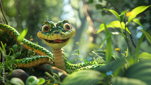 3d Cute Cartoon Snake in the Woods