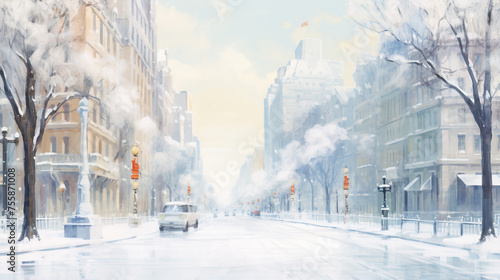 Captivating Winter Cityscape: Snow-Clad Buildings and Icy Streets Transform the Urban Landscape into a Frosty Wonderland Under a Fresh Blanket of Snow