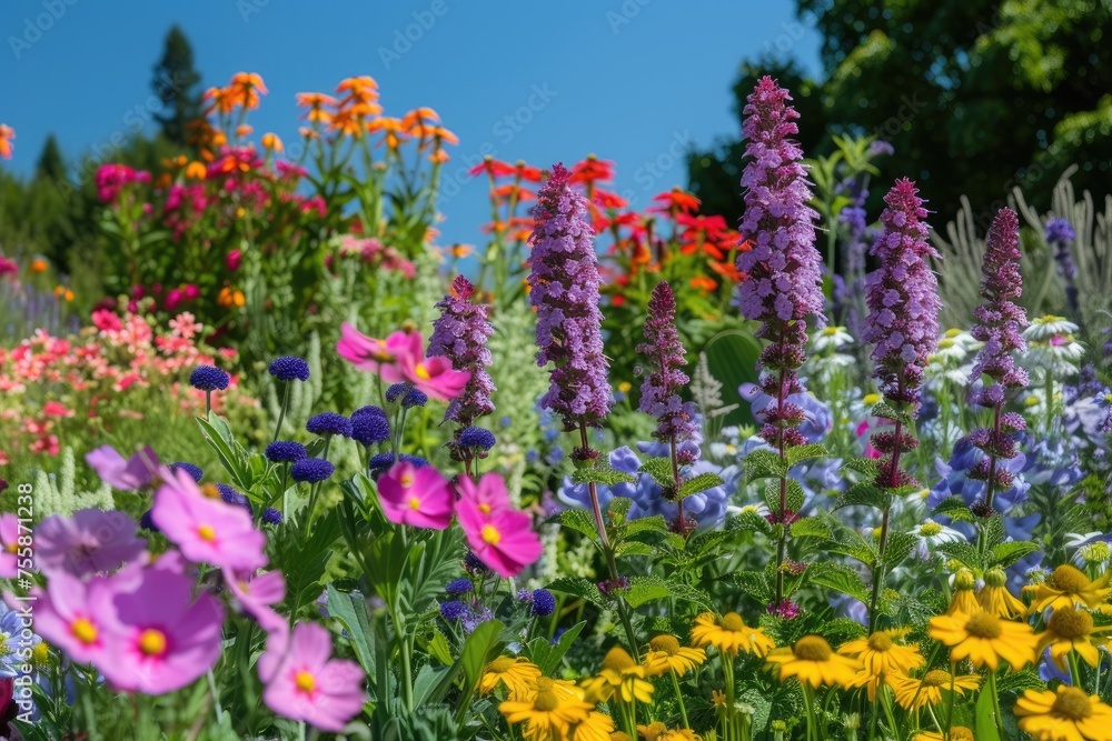 Colorful flowers in full bloom under a clear blue summer sky. Colorful flowers in full bloom under a clear blue summer sky.