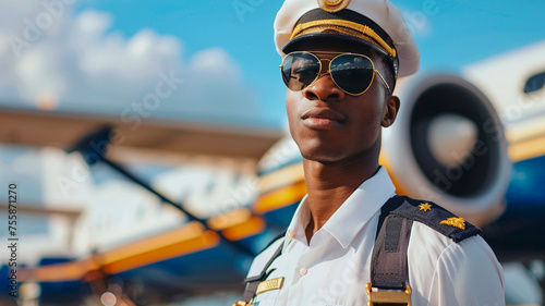 portrait of young pilot in uniform standing in front of aircraft © Fantastic