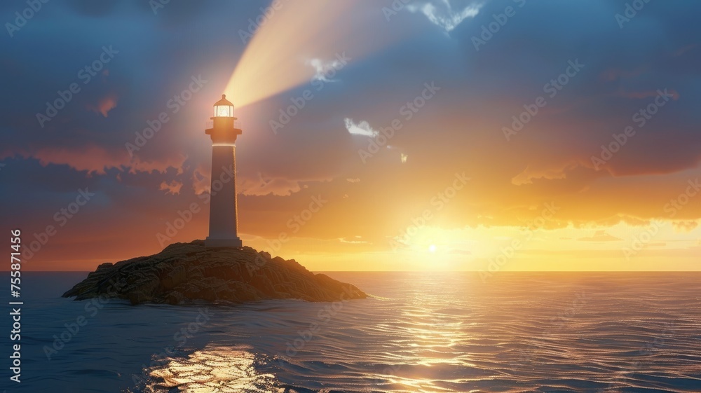 Lighthouse beaming light at sunset over ocean - A serene sunset view featuring a lighthouse on an isolated rock, casting light across a calm ocean