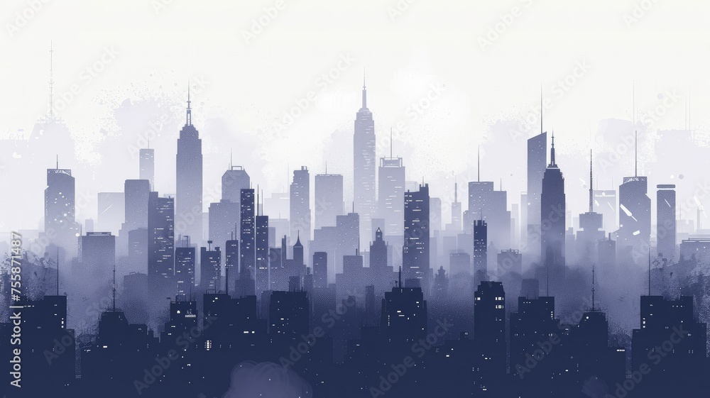 Misty blue urban skyline illustration - A serene cityscape in shades of blue, depicting skyscrapers engulfed in a misty atmosphere, evokes tranquility in an urban setting