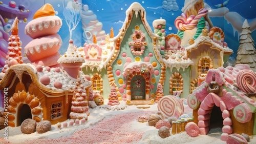 Gingerbread house display with candy decorations - A magical display of gingerbread houses coated in frosting and adorned with various types of candies