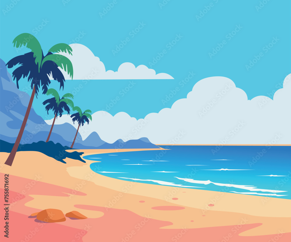 flat beach with palm trees landscape illustration	