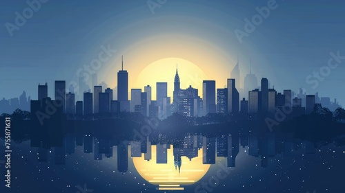 Urban cityscape reflection under a full moon - Graphic depiction of a city skyline mirroring under a glowing full moon creating a peaceful nocturnal scene