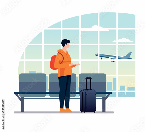 waiting at airport flat character illustration