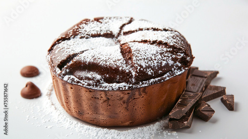 A delectable dessert, a perfectly risen chocolate souffl?(C), with a dusting of powdered sugar on top, isolated photo