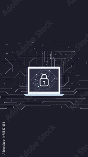 Dark theme digital network security concept with laptop and lock icon. Cybersecurity vector illustration for web background  technology design