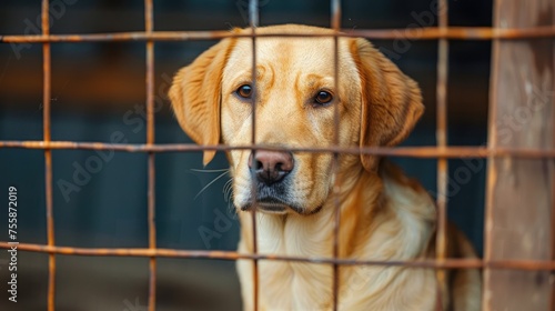 Unwanted and homeless cute sad dog in the cage, specialized pet shelter  © DELstudio