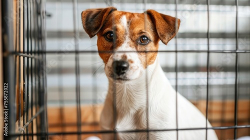 Unwanted and homeless cute sad dog in the cage, specialized pet shelter 