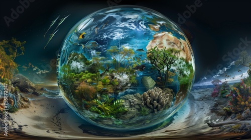 Global Tapestry of Life: Celebrating Earth Day, illustrates a double exposure globe where crystalline waters, majestic fauna, peaceful human coexistence, and thriving plant life converge.