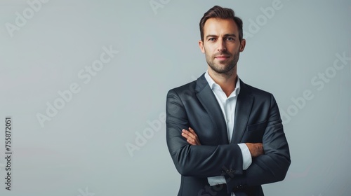 Confident businessman in dark suit with crossed arms. Studio portrait with copy space. Corporate branding and leadership concept for design and print. Front view