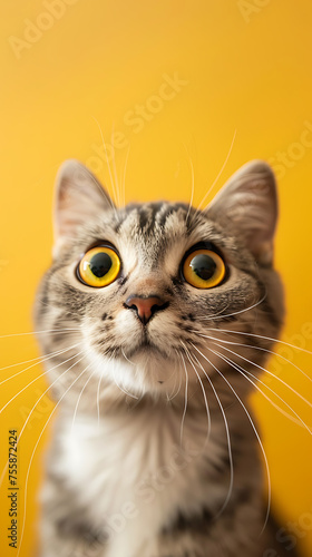 Crazy surprised cat makes big eyes close-up on a yellow background.