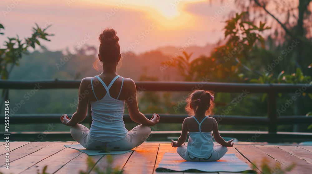 An adult and child meditating in a peaceful yoga pose during a beautiful sunset in nature. An adult and child meditating in a peaceful yoga pose during a beautiful sunset in nature.