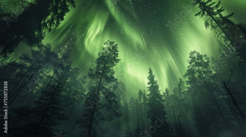 The ethereal dance of the Northern Lights illuminates the woodland, a celestial spectacle that captivates all who behold it. 