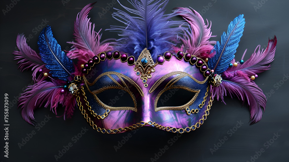 Top view of Mardi Gras carnival mask with feathers. generative ai 
