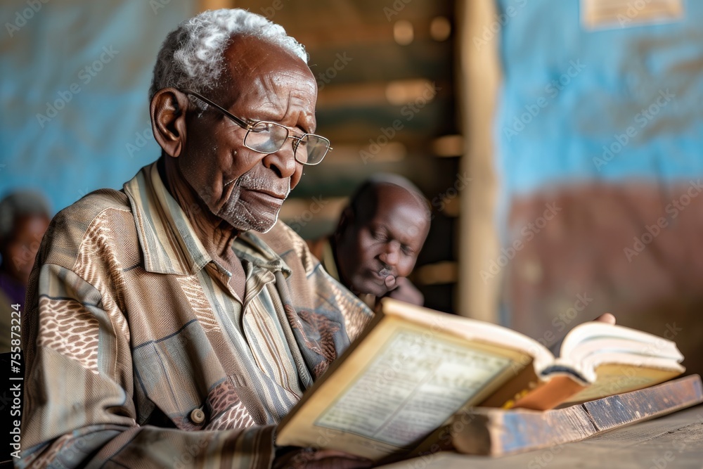 Elderly man learning to read in an adult literacy class Elderly man learning to read in an adult literacy class