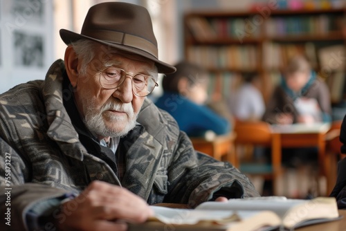 Elderly man learning to read in an adult literacy class