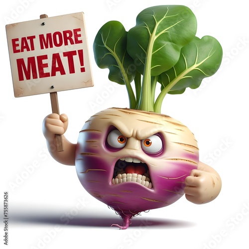 3D realistic image of angry vegetables conveying the message 'Say no to meat' in an ironical way.