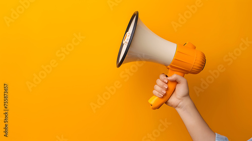 Hand holding megaphone against an orange background, promoting marketing and sales.